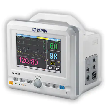 Respbuy-Nidek-Aurus50-Patient Monitor Nidek Aurus50 -5 Para Patient Monitor with 8 inch TFT Display Patient Monitor is a premium quality product from Nidek monitors vital signs like SPO2, Temp, Respiration Rate, ECG, BP.