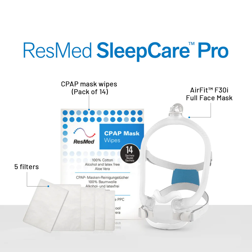 f30i 1 ResMed Airfit F30i CPAP Mask Sleepcare Pro Package (Includes F30i Mask (Standard) | 5 Filters | CPAP Wipes (Pack of 14) | ResMed Benefits)