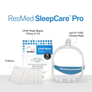 ResMed Airfit P30i CPAP Mask Sleepcare Pro Package (Includes P30i Mask | 5 Filters | CPAP Wipes (Pack of 14) | ResMed Benefits)
