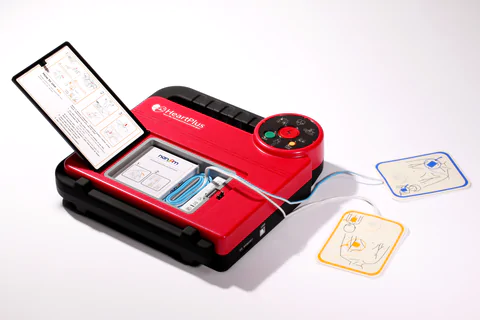 NanoomTech- HeartPlus NT-180-Front-AED with pads Nanoom HeartPlus NT-180 AED
