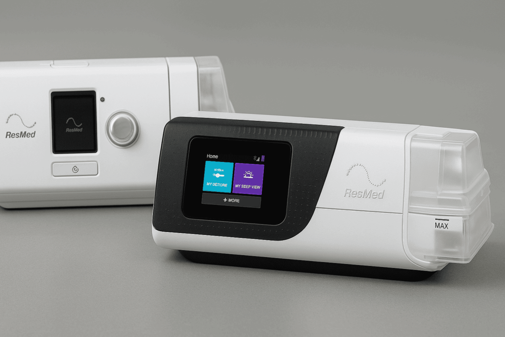 Side-by-side image of ResMed AirSense 11 and AirSense 10 CPAP machines, showing modern and older designs for a power efficiency comparison.
