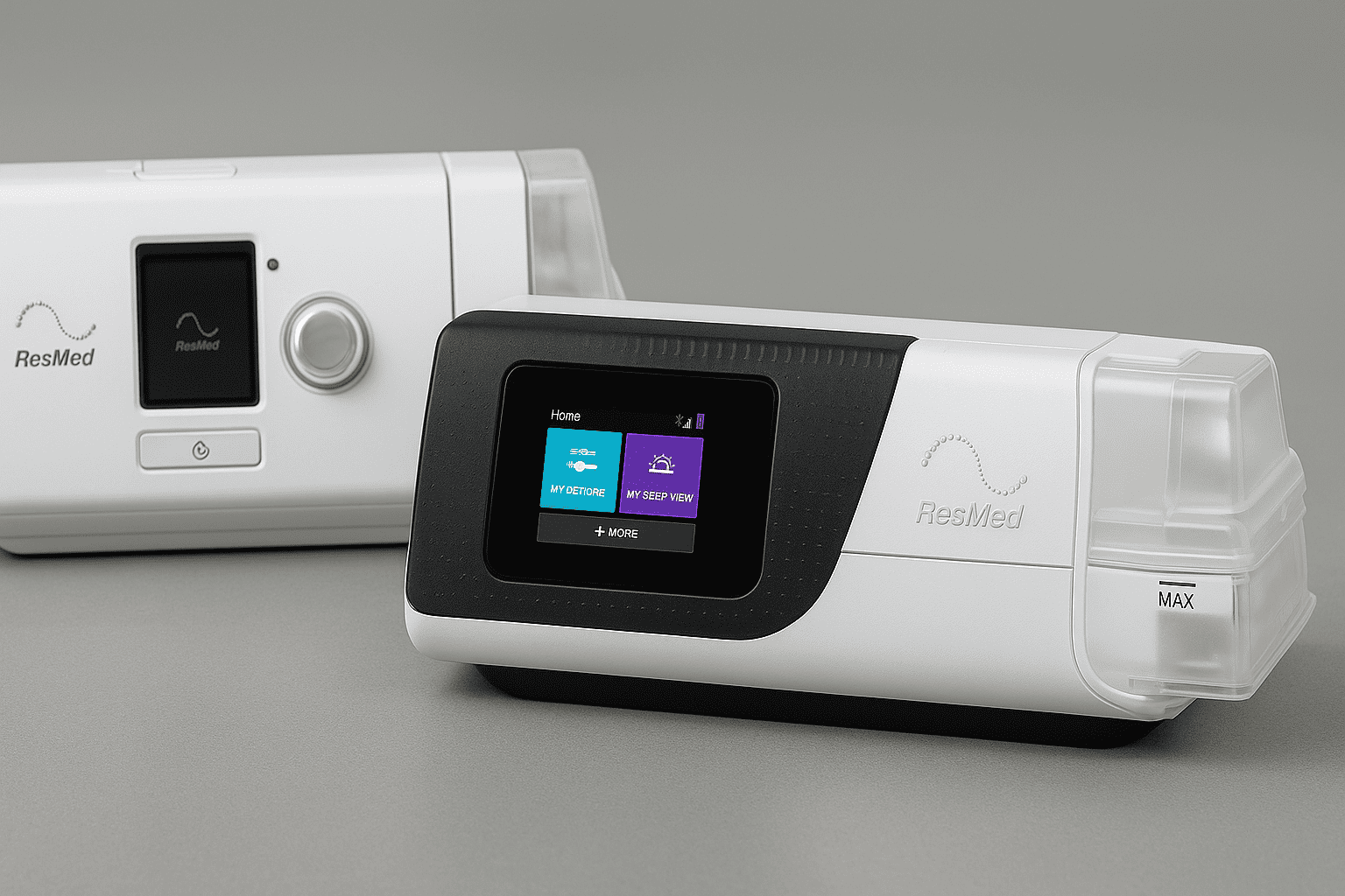 Side-by-side image of ResMed AirSense 11 and AirSense 10 CPAP machines, showing modern and older designs for a power efficiency comparison.