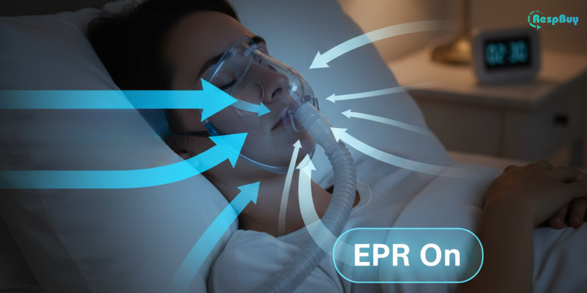 Person using CPAP machine with EPR feature active, showing airflow during sleep for easier exhalation.