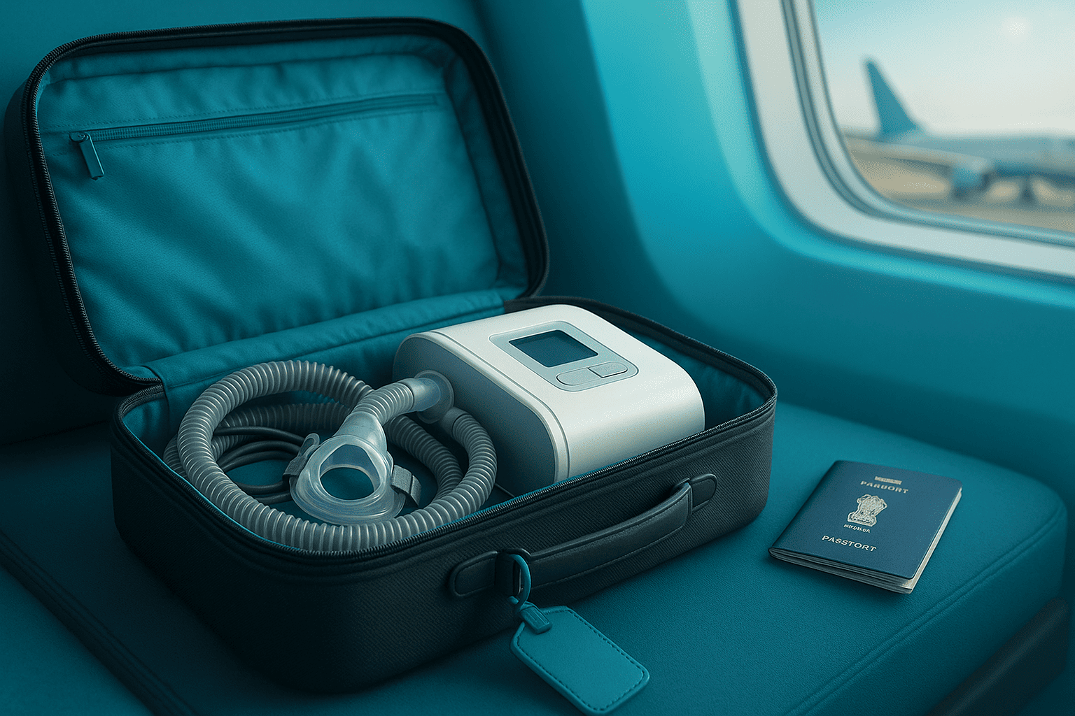 Open carry-on suitcase with CPAP machine and mask on a teal seat beside an airplane window; Indian passport nearby.