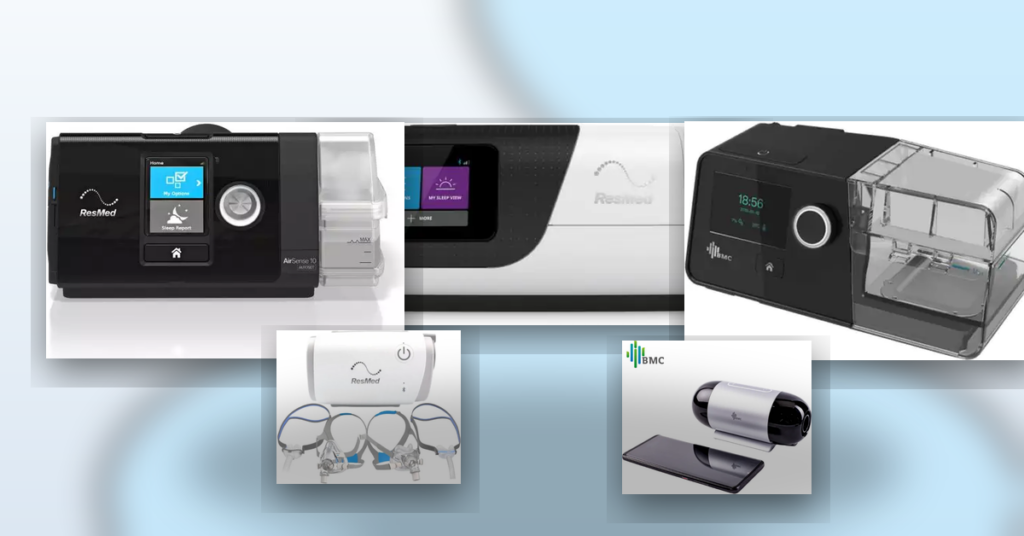 Collage of ResMed AirSense 11, AirSense 10, BMC G2 A20, ResMed AirMini bundle, and BMC M1 Mini on a soft blue medical background; no text.