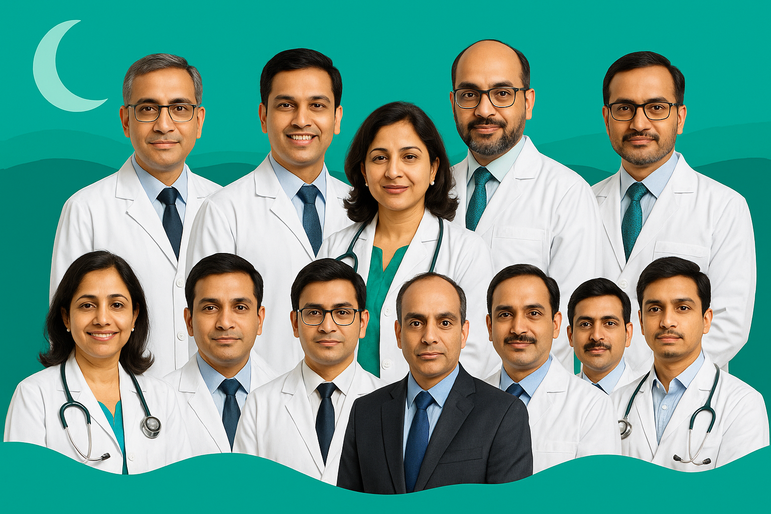 Collage of ten doctors on a teal RespBuy brand background with a moon for sleep-disorder blog.