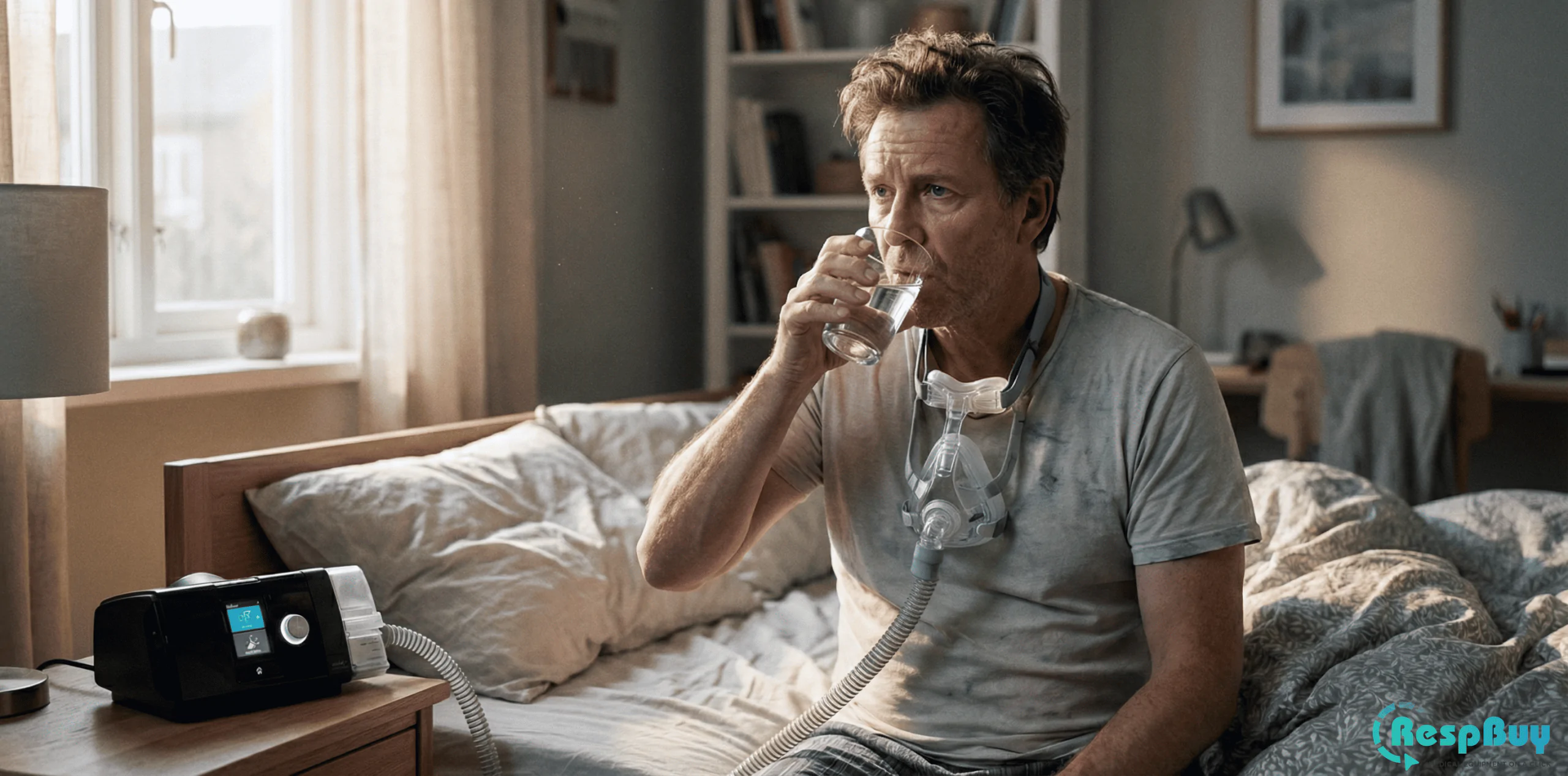 Man using a CPAP machine drinking water due to dry mouth during sleep apnea therapy