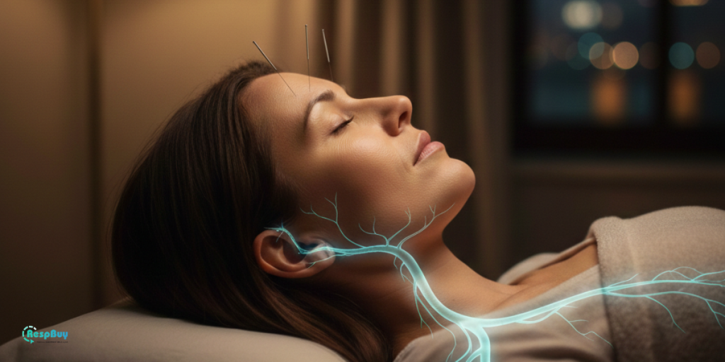 A realistic side profile of a woman receiving acupuncture for sleep and anxiety with a glowing teal overlay illustrating the vagus nerve pathway from the brain to the chest.