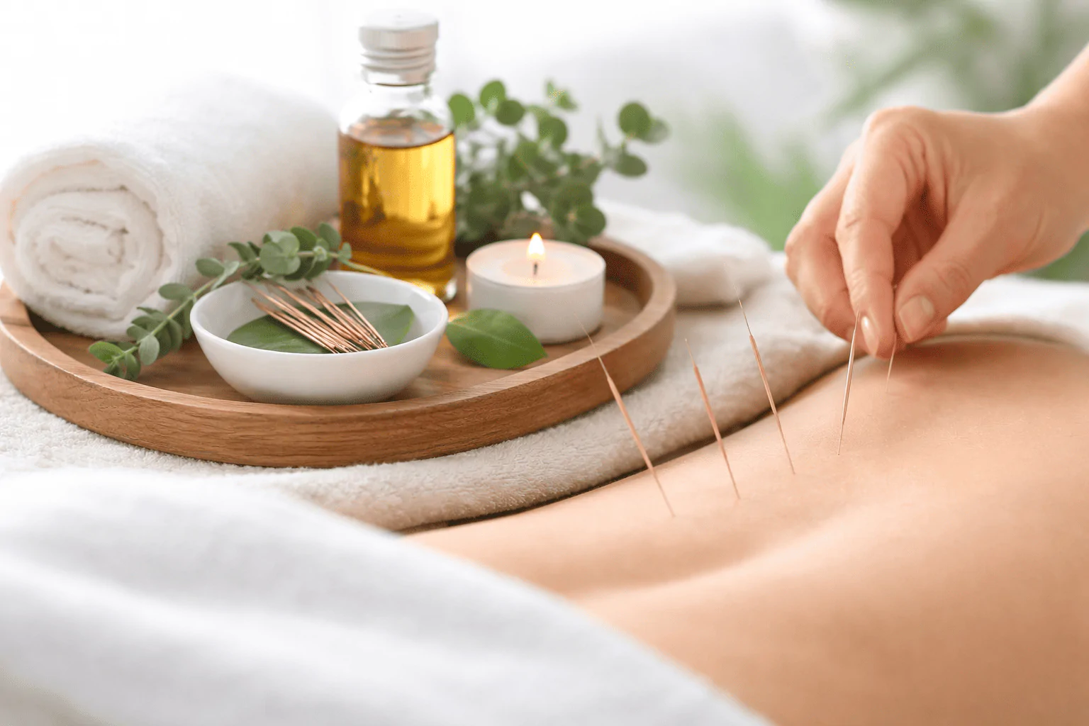 Acupuncture treatment with needles placed on a patient’s back for sleep and respiratory therapy.