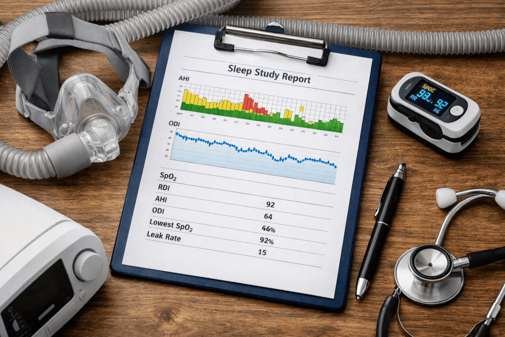 Sleep study report on a clipboard with CPAP mask, pulse oximeter, and sleep therapy equipment on a wooden desk
