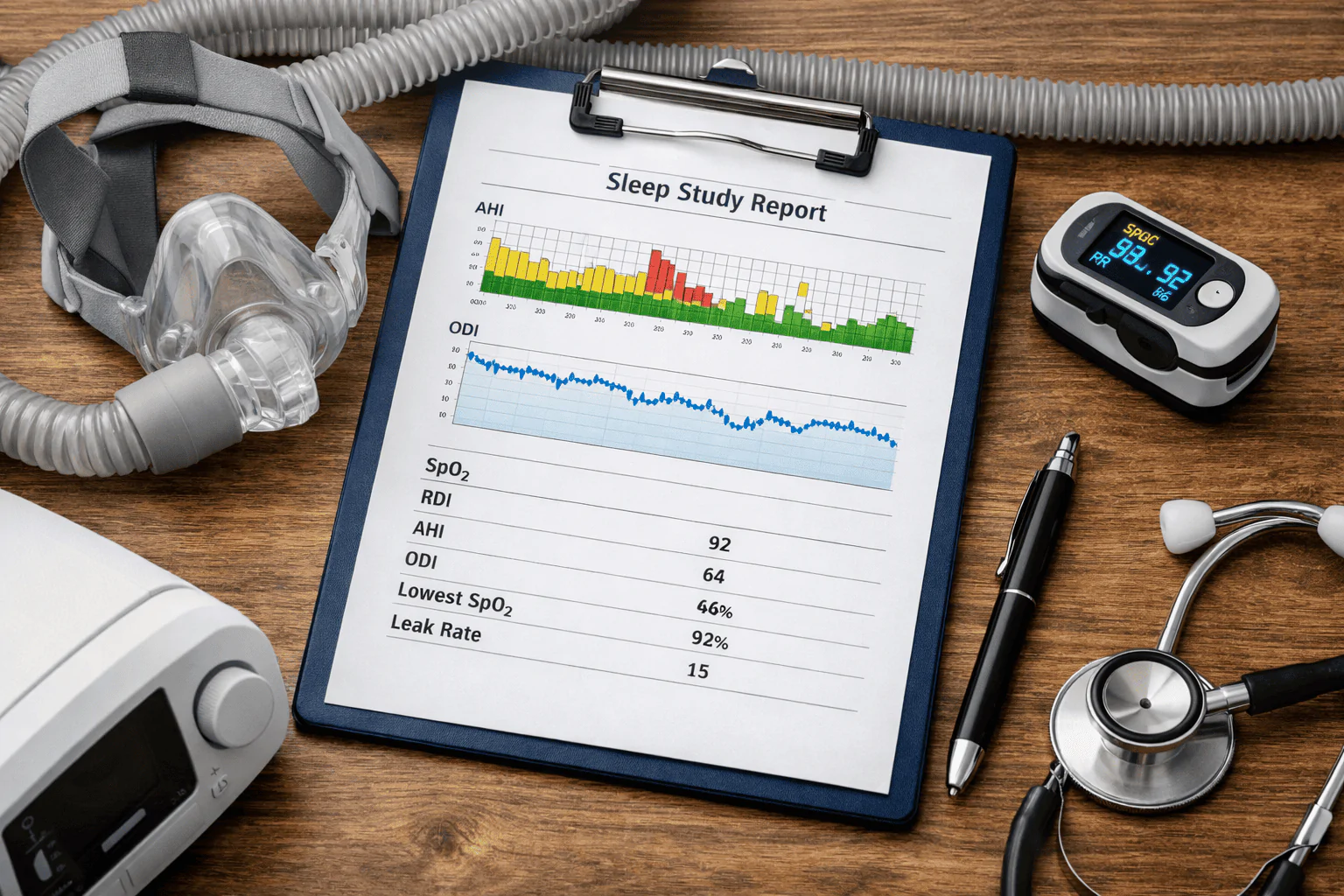 Sleep study report on a clipboard with CPAP mask, pulse oximeter, and sleep therapy equipment on a wooden desk