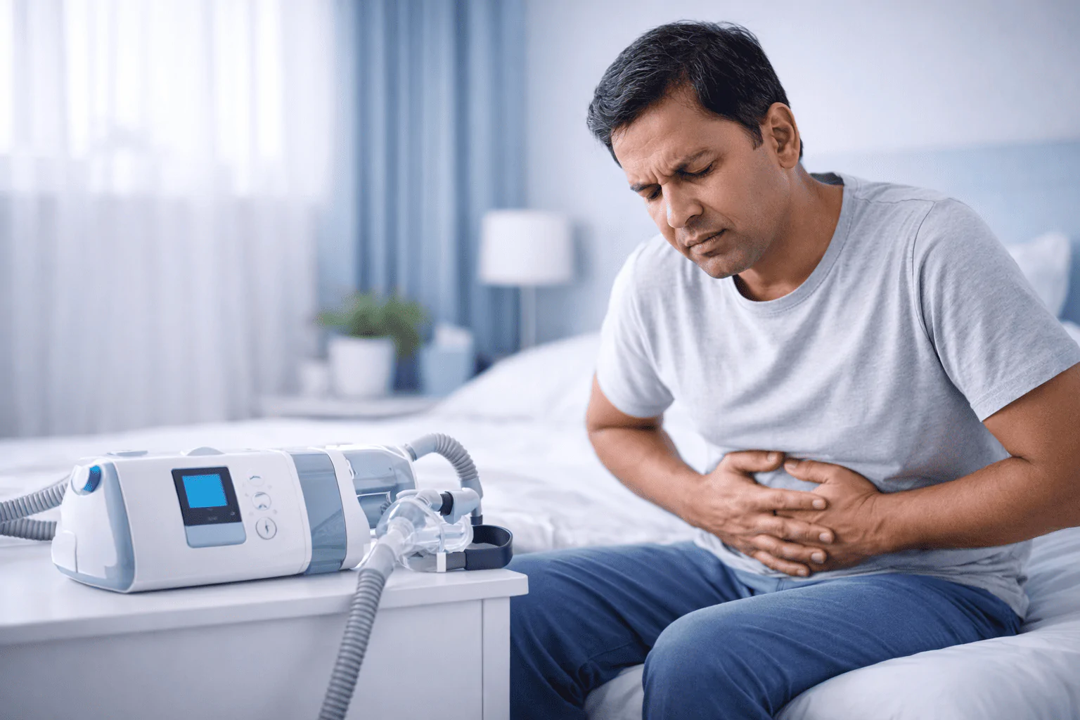 Middle-aged Indian man sitting on a bed with stomach discomfort beside a CPAP machine in a blue-toned bedroom.