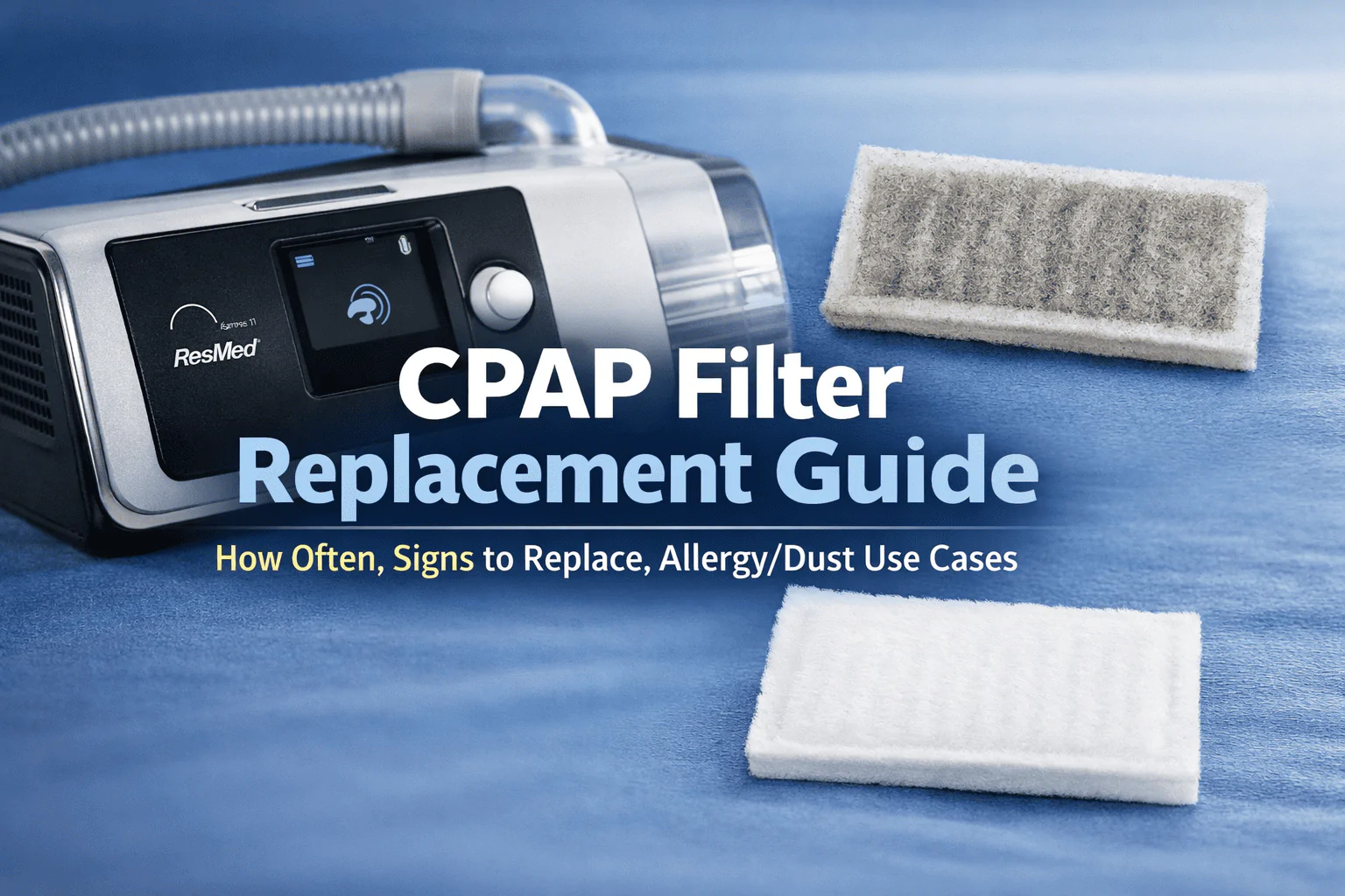 ResMed AirSense CPAP machine with clean and dirty filters illustrating CPAP filter replacement frequency and signs