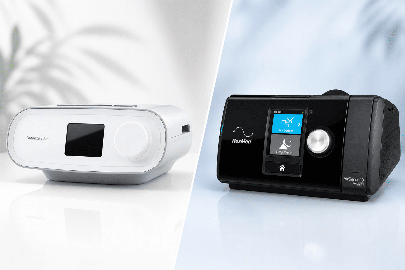 ResMed AirSense 10 AutoSet and Philips DreamStation Auto CPAP side by side comparison image
