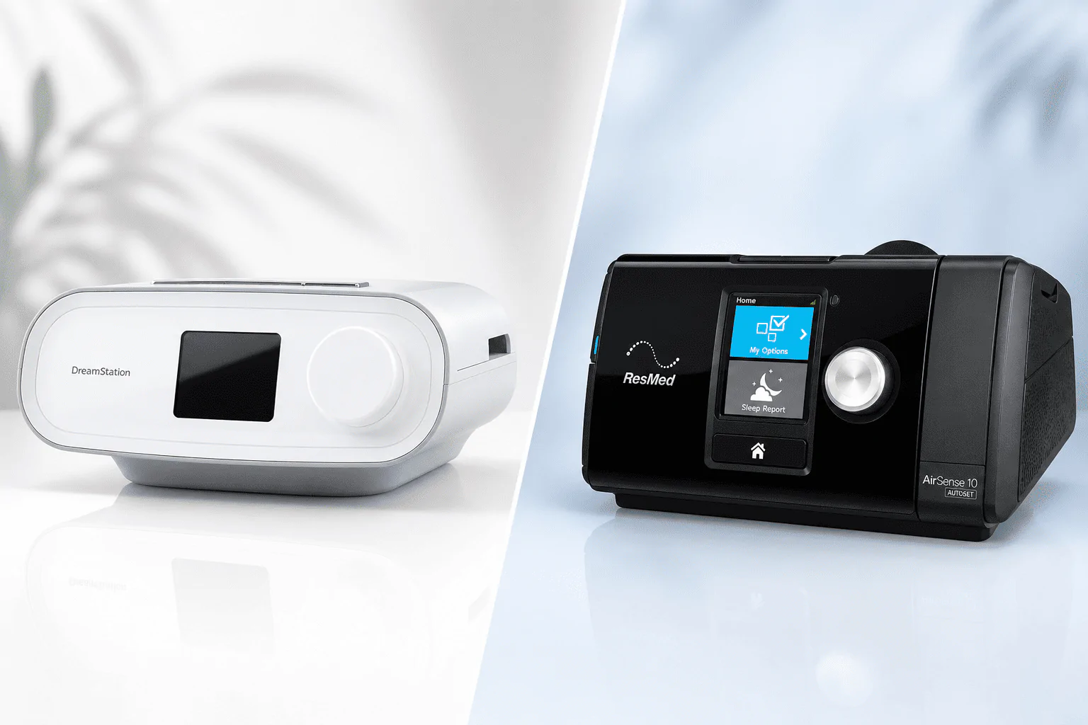ResMed AirSense 10 AutoSet and Philips DreamStation Auto CPAP side by side comparison image