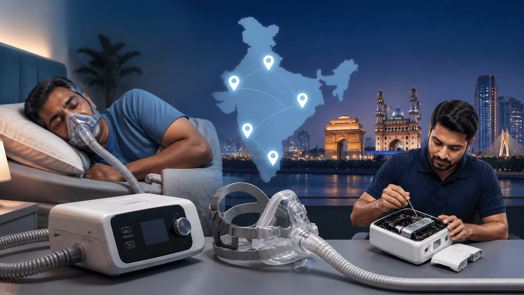 Philips CPAP machine and technician service support with India map for respiratory device repair