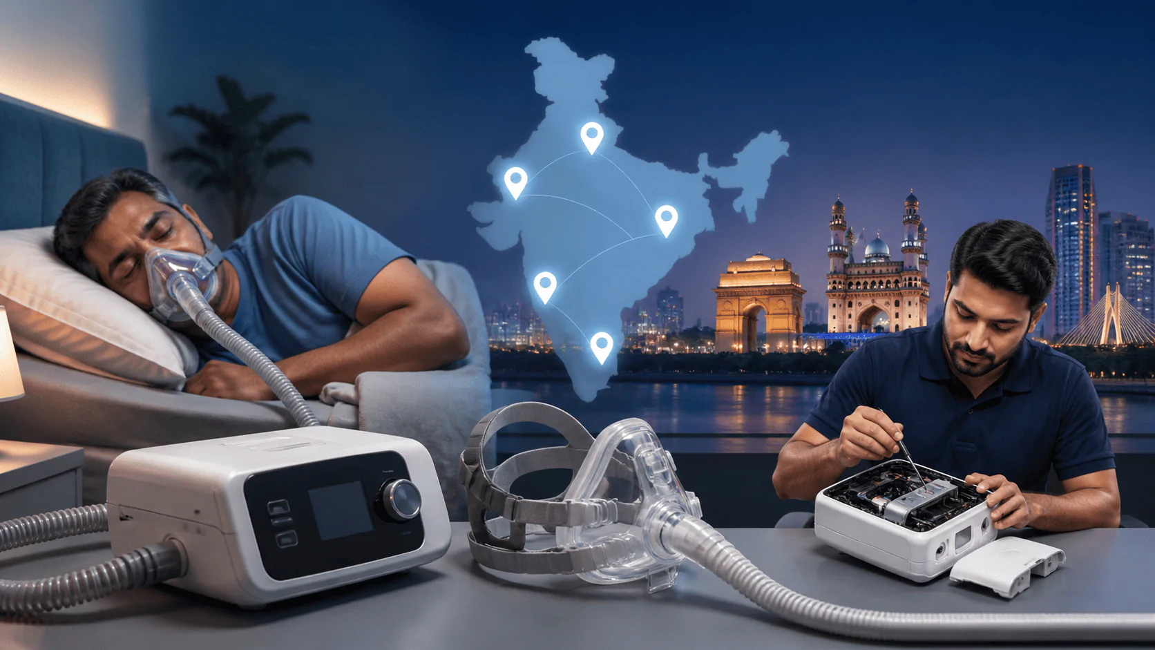 Philips CPAP machine and technician service support with India map for respiratory device repair