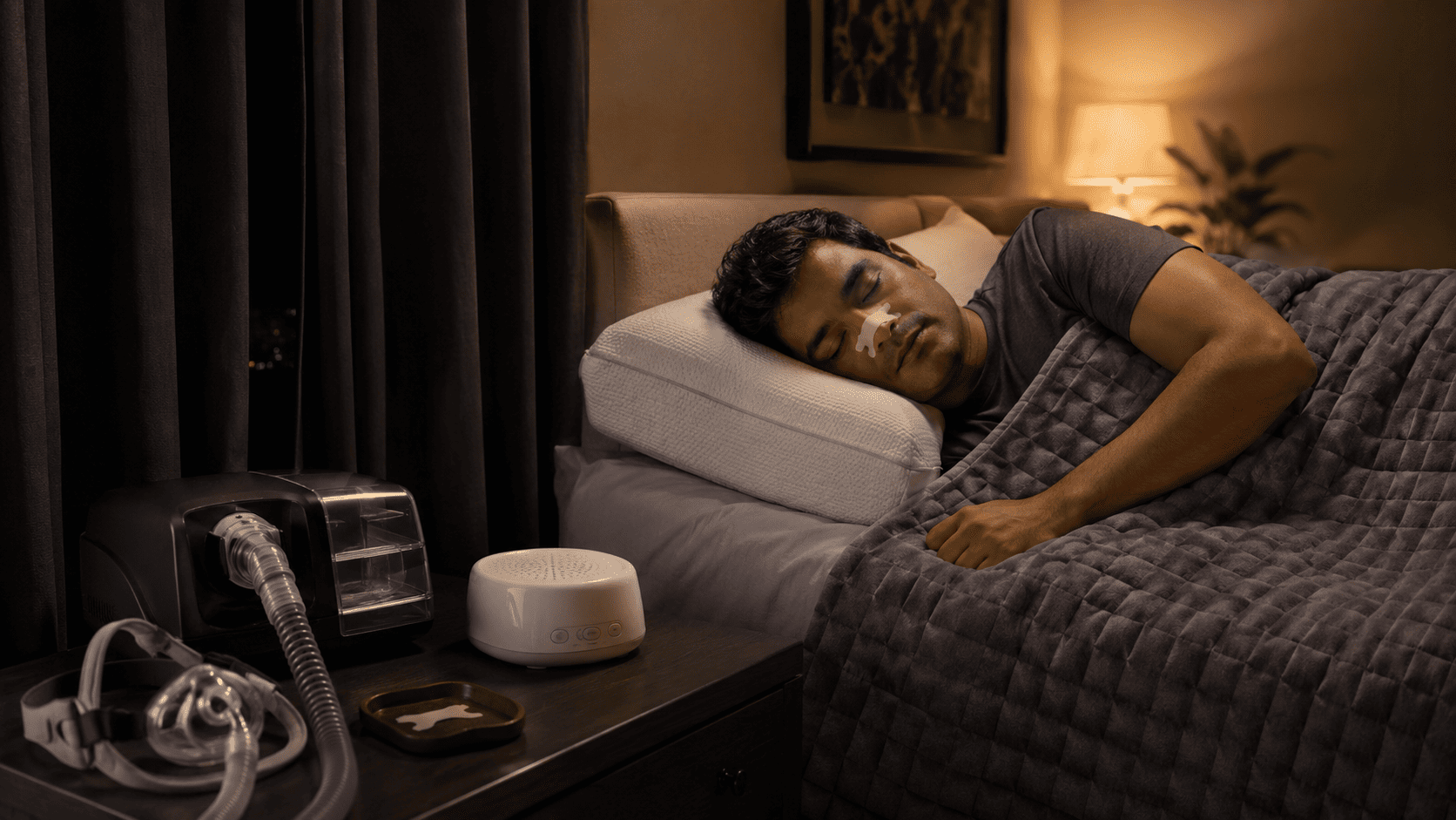 Person sleeping peacefully in a bedroom with CPAP machine, weighted blanket, nasal strip, blackout curtains, and white noise machine.