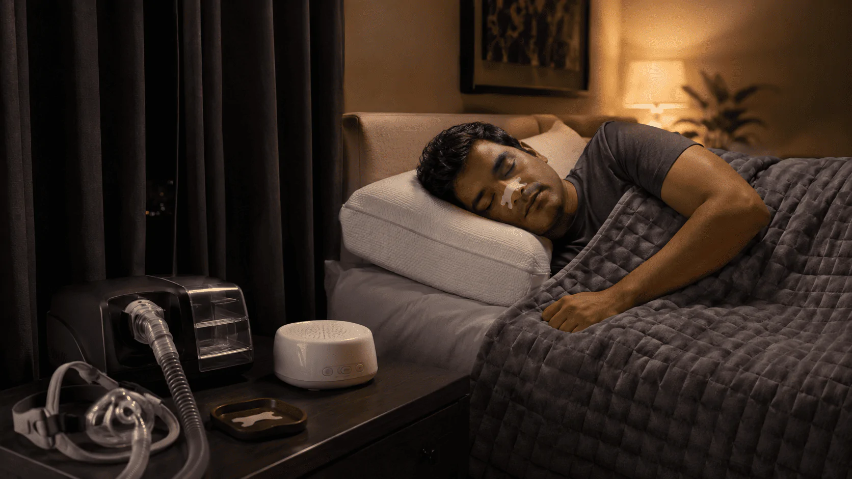 Person sleeping peacefully in a bedroom with CPAP machine, weighted blanket, nasal strip, blackout curtains, and white noise machine.