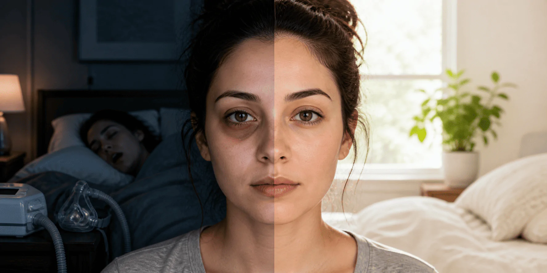 Split-face image of a woman showing dark under-eyes linked to poor sleep and improved appearance after better sleep quality with CPAP support