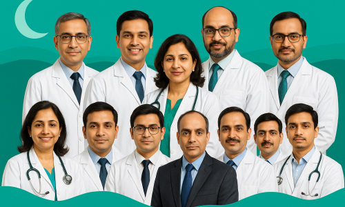 Collage of ten doctors on a teal RespBuy brand background with a moon for sleep-disorder blog.