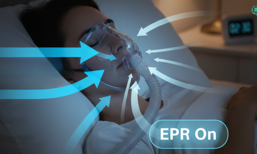 Person using CPAP machine with EPR feature active, showing airflow during sleep for easier exhalation.