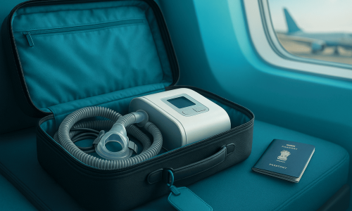 Open carry-on suitcase with CPAP machine and mask on a teal seat beside an airplane window; Indian passport nearby.