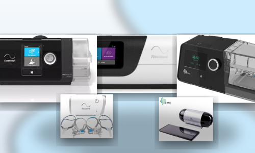 Collage of ResMed AirSense 11, AirSense 10, BMC G2 A20, ResMed AirMini bundle, and BMC M1 Mini on a soft blue medical background; no text.