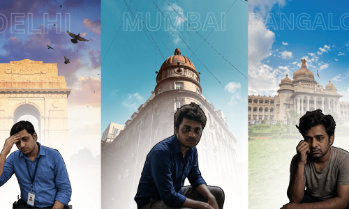 Tired office workers in front of India Gate, a Mumbai landmark, and Vidhana Soudha, representing sleep deprivation in major Indian cities.